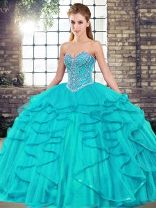 Aqua Blue Sleeveless Tulle Lace Up Quince Ball Gowns for Military Ball and Sweet 16 and Quinceanera