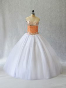 Best White Lace Up Quinceanera Dress Beading Sleeveless Floor Length