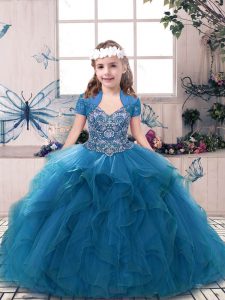 Custom Designed Tulle Straps Sleeveless Lace Up Beading and Ruffles Pageant Gowns For Girls in Blue