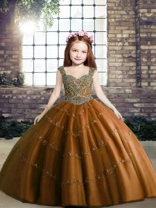 Fantastic Straps Sleeveless Little Girl Pageant Gowns Floor Length Beading Brown Tulle