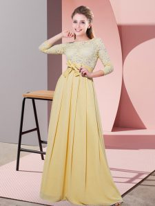 Empire Dama Dress for Quinceanera Gold Scoop Chiffon 3 4 Length Sleeve Floor Length Side Zipper