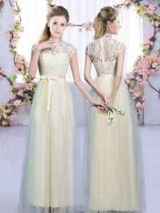 Floor Length Empire Cap Sleeves Champagne Quinceanera Court of Honor Dress Zipper