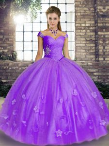 Graceful Lavender Off The Shoulder Lace Up Beading and Appliques Quinceanera Gowns Sleeveless