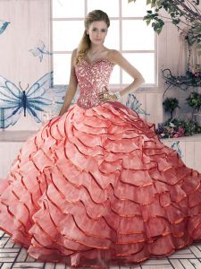 Sweetheart Sleeveless Brush Train Lace Up Quince Ball Gowns Watermelon Red Organza