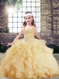 Pretty Beading and Ruffles Pageant Gowns For Girls Gold Lace Up Sleeveless Floor Length