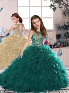 Turquoise Scoop Lace Up Beading and Ruffles Pageant Gowns For Girls Sleeveless