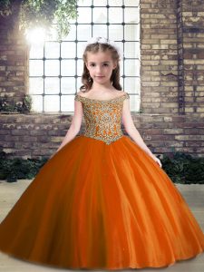 Modern Sleeveless Tulle Floor Length Lace Up Kids Formal Wear in Rust Red with Appliques