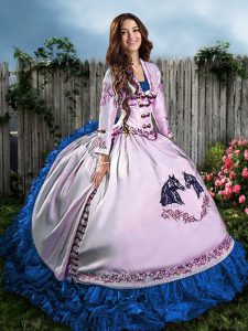 Sleeveless Satin Floor Length Lace Up Sweet 16 Quinceanera Dress in Blue And White with Embroidery and Ruffles