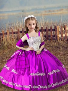 Customized Fuchsia Satin Lace Up Little Girls Pageant Dress Sleeveless Floor Length Beading and Embroidery