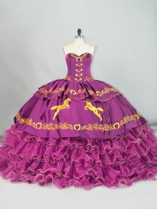 Exquisite Satin and Organza Sweetheart Sleeveless Brush Train Lace Up Embroidery and Ruffles Sweet 16 Dresses in Purple