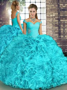 Floor Length Aqua Blue 15 Quinceanera Dress Off The Shoulder Sleeveless Lace Up