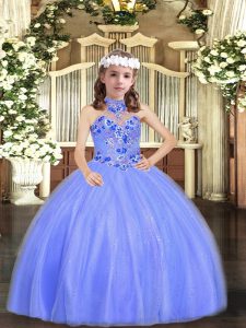 Halter Top Sleeveless Little Girl Pageant Gowns Floor Length Appliques Blue Tulle