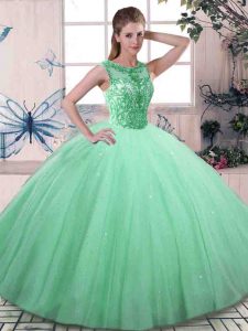 New Style Floor Length Lace Up Ball Gown Prom Dress Apple Green for Military Ball and Sweet 16 and Quinceanera with Beading