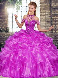 Cheap Organza Halter Top Sleeveless Lace Up Beading and Ruffles 15th Birthday Dress in Purple