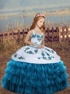 Blue Lace Up Straps Embroidery and Ruffled Layers Little Girl Pageant Gowns Sleeveless