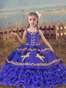 Floor Length Ball Gowns Sleeveless Blue Child Pageant Dress Lace Up