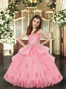 Dramatic Sleeveless Floor Length Lace and Appliques Lace Up Pageant Gowns For Girls with Baby Pink