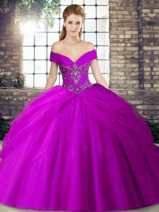 Chic Purple Ball Gowns Beading and Pick Ups Quinceanera Gowns Lace Up Tulle Sleeveless