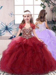 Cute Ball Gowns Little Girls Pageant Dress Red Straps Tulle Sleeveless Floor Length Lace Up