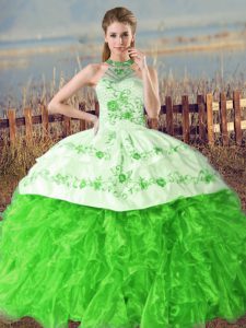 Ball Gowns Organza Halter Top Sleeveless Embroidery and Ruffles Lace Up Sweet 16 Dresses Court Train