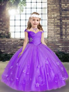 Sleeveless Beading and Hand Made Flower Lace Up Little Girls Pageant Dress with Lavender