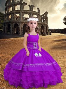 Purple Ball Gowns Embroidery and Ruffled Layers Little Girls Pageant Gowns Zipper Satin and Organza Sleeveless Floor Length