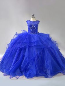 Royal Blue Organza Lace Up Scoop Sleeveless 15 Quinceanera Dress Brush Train Beading and Ruffles