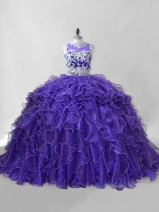 Flare Purple Sleeveless Organza Brush Train Zipper Vestidos de Quinceanera for Sweet 16 and Quinceanera