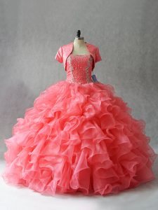 Watermelon Red Organza and Tulle Lace Up Strapless Sleeveless Floor Length Quinceanera Gown Beading