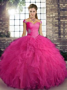 Affordable Hot Pink Sleeveless Beading and Ruffles Floor Length Ball Gown Prom Dress