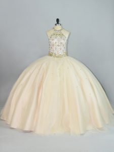 Sleeveless Floor Length Beading Lace Up 15th Birthday Dress with Champagne