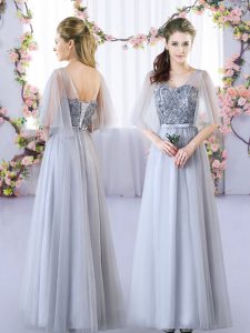 Floor Length Empire Sleeveless Grey Quinceanera Court of Honor Dress Lace Up