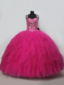 Amazing Sleeveless Beading and Ruffles Lace Up Ball Gown Prom Dress with Hot Pink