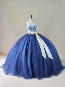 Navy Blue Quinceanera Gowns Tulle Brush Train Sleeveless Appliques and Sashes ribbons and Bowknot