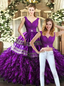 Superior Purple Sleeveless Beading and Embroidery and Ruffles Floor Length Quince Ball Gowns