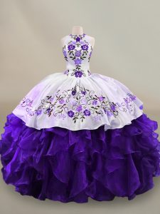 White And Purple Lace Up Halter Top Embroidery and Ruffles Ball Gown Prom Dress Organza Long Sleeves