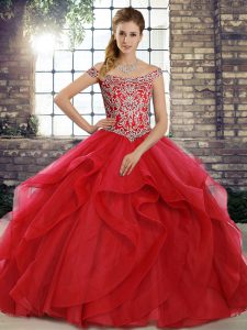 New Style Red Sleeveless Tulle Brush Train Lace Up Quinceanera Dress for Military Ball and Sweet 16 and Quinceanera