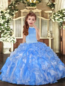 Baby Blue Sleeveless Floor Length Beading and Ruffles Backless Little Girls Pageant Dress