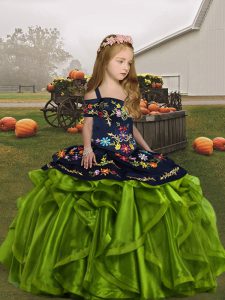 Olive Green Sleeveless Floor Length Embroidery and Ruffles Lace Up Child Pageant Dress