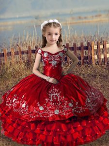 Red Ball Gowns Off The Shoulder Sleeveless Satin and Organza Floor Length Lace Up Embroidery and Ruffled Layers Kids Formal Wear