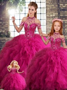 Lovely Tulle Sleeveless Floor Length 15th Birthday Dress and Beading and Ruffles