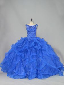 Royal Blue Quinceanera Gowns Sweet 16 and Quinceanera with Beading and Ruffles Scoop Sleeveless Brush Train Lace Up