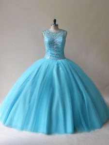 Pretty Floor Length Baby Blue Sweet 16 Quinceanera Dress Scoop Sleeveless Lace Up