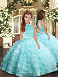 Ball Gowns Little Girls Pageant Dress Aqua Blue Halter Top Organza Sleeveless Floor Length Backless