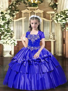 Sweet Straps Sleeveless Taffeta Little Girl Pageant Gowns Beading and Ruffled Layers Lace Up