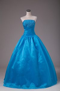 Blue Sleeveless Floor Length Beading Lace Up Quinceanera Dresses