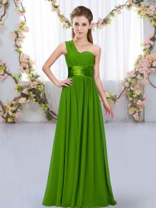 Fitting One Shoulder Sleeveless Quinceanera Court of Honor Dress Floor Length Belt Green Chiffon