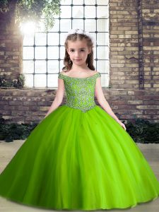 Modern Tulle Sleeveless Floor Length Kids Pageant Dress and Beading