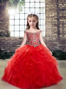 Red Off The Shoulder Lace Up Beading and Ruffles Little Girls Pageant Gowns Sleeveless