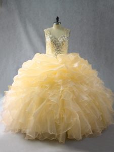 Vintage Gold Organza Zipper Straps Sleeveless Floor Length 15 Quinceanera Dress Beading and Ruffles